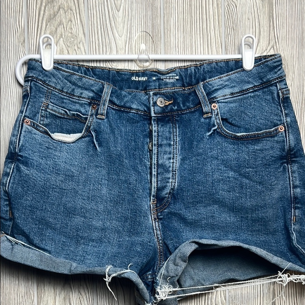 Old Navy HIGH-RISE SECRET SMOOTH POCKETS Denim Fly Button Shorts Dark WashSize14